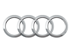 Audi-logo met vier in elkaar grijpende zilverkleurige ringen op zwarte achtergrond