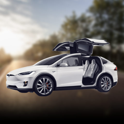 Witte Tesla Model X met open vleugeldeuren en zichtbare zitplaatsen