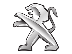 Zilverkleurig Peugeot-logo: een leeuw met opgetilde voorpoot op zwarte achtergrond