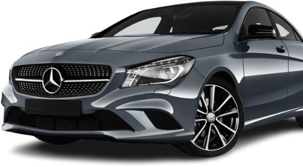 Grijze Mercedes-Benz auto, vooraanzicht schuin van voren met logo op de grille